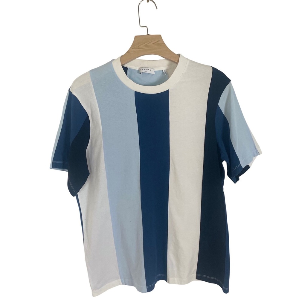 Sandro Paris Mens Vertical Stripe Cotton T-Shirt Blue White